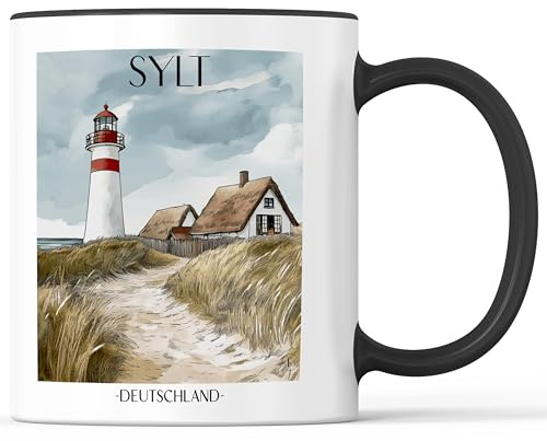 favplace Tasse mit Städtemotiv Sylt Deutschland Kaffeebecher - Geschenkidee bzw. Geschenk für Fernweh oder Heimat - Reise Kaffeetasse 330ml Schwarz
