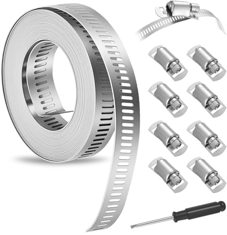 Einstellbares Schlauchschellen Edelstahl Schlauchschellen Set, 3.5 Meter Endlos Schlauchklemmen, Lochband Metallschellen für Rohr Wasser Gas Rohr Tank Automobil, mit 10 Clamps, 1 Schraubendreher