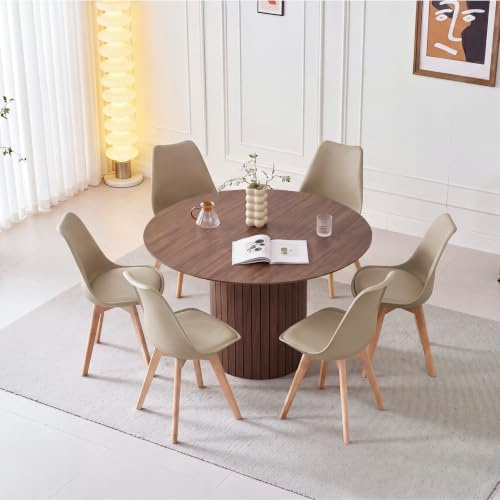 HJhomeheart 120 cm runder Esstisch mit 6 Esszimmerstühlen, runder Küchentisch mit Holzfuß, MDF-Platte, Küchenstühle mit Kunststofflehne, für 4–6 Personen, Dunkelbraun +Khaki