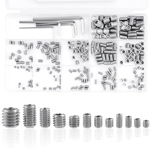 300Stk Madenschrauben Set, Kegelspitz Madenschrauben Türklinken, metrisches | M3 M4 M5 M6 M8 Edelstahl Innensechskant Schraubenset, Gewindestifte Gewindehülsen für Türgriffe Wasserhahn, mit Schlüssel
