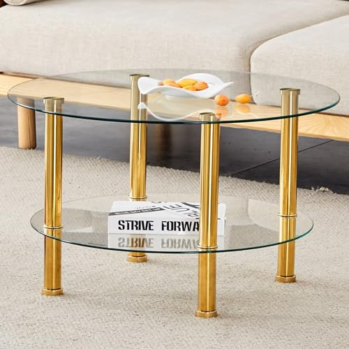 EURHCIO Table Basse Ronde Verre 70x70x42cm,Table D'appoint avec Conception à Double Vitrage,Pieds Métalliques Robustes,pour Bout de Canape,Bureau,Salon(B-Or)