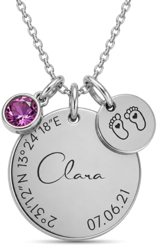 BS Schmuckdesign Namenskette Damen personalisierte Kette mit Gravur | Taufkette mit Name, Datum & Koordinaten, Geburtsstein & Symbol, Wunschgravur hinten, Geschenk