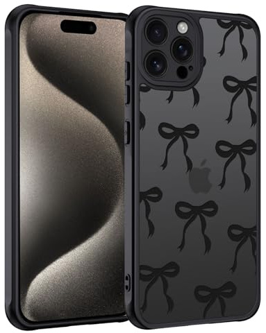 TUUTPU Handyhülle für iPhone 15 Pro Max Hülle, Aesthetic Motiv Schleifen Muster Design Matt Transluzente Schlanke Hart Case Kratzfeste PC Rückseite + TPU Bumper Stoßfest Schutzhülle, Schwarz