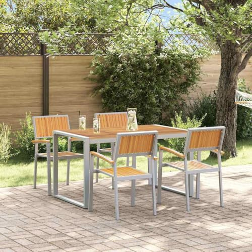 Basinlix Garten Essgruppe 5-teilig Grau Massivholz Akazie Gartentisch Terrassentisch Balkontisch Outdoor Esstisch mit 4 Stühlen für Garten Terrasse Balkon Familie Gäste