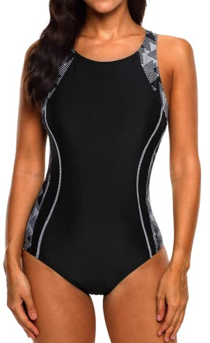 CharmLeaks Womens Racerback One Piece Padded Swimsuit Workout Swimming Costume, Black & White Print, 12