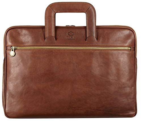Time Resistance Schlanke Aktentasche aus Leder – Handgefertigte Italienische Computertasche aus Leder – Laptoptasche (Cognac-Braun)