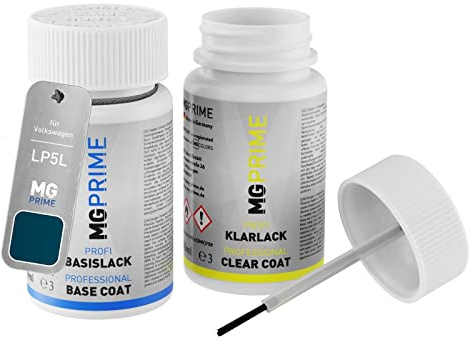 MG PRIME Autolack Lackstift für Volkswagen LP5L / P5L / 5M Dark Petrol +1K | für Volkswagen VW, Set aus Basislack + Klarlack, Lackfläschchen mit Pinsel, je 50ml