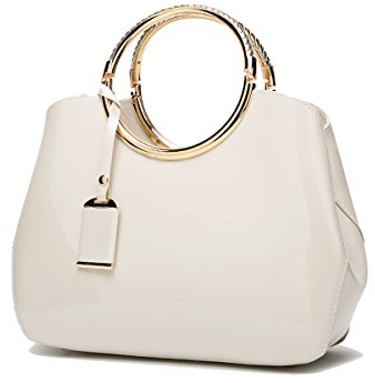 Coolives Borse a mano da sera con Tracolla Manici ad Anello da Donna in PU Vernice per Signora Bianca crema