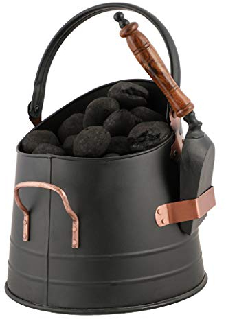 Black & Copper Coal Scuttle Bucket Indoor Fireside Fuel Store with Shovel