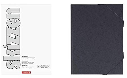 Brunnen 1047355 Zeichen-/Skizzenblock (A3, 190 g/m², 50 Blatt) & 104708390 Sammelmappe (A3, Karton, mit Gummizug) schwarz