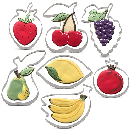 LILIAO Plätzchen Ausstecher, Frucht-Ausstechformen-Set, 7-teilig, Erdbeere, Birne, Zitrone, Traube, Granatapfel, Kirsche und Banane, Fondnat-Ausstechformen aus Edelstahl