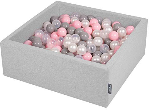 KiddyMoon 90X30cm/200 Balls ∅ 7Cm / 2.75In Square Baby Foam Ball Pit Made In EU, Light Grey/Pearl/Grey/Transparent/Light Pink