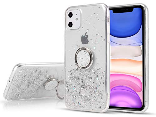 DEFBSC for 6.1 inch iPhone 11 Case with Ring, Glitter Sequin Clear Back Cover with 360° Rotation Ring Holder Kickstand,Soft TPU Bumper Phone Case Slim Transparent Sequin Back Case - White