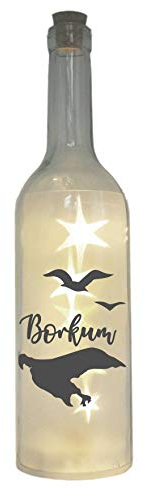 WB wohn trends LED-Flasche mit Motiv, Insel Borkum Silhouette Möwen, grau, 29cm, Flaschen-Licht Glitzer-Flasche Leuchtflasche Lampe mit Text Spruch maritim