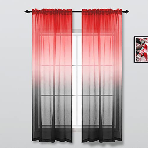 Schwarz-rote Gothic-Dekoration für Schlafzimmer, Set mit 2 Paneelen, Farbblock, schicke Heimdekorationen, Ombre, transparent, moderne Vorhänge für Wohnzimmer, Spielzimmer, 132 x 213 cm Länge