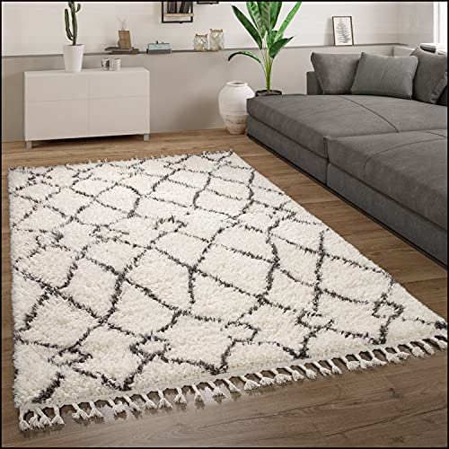 Paco Home Hochflor Teppich Wohnzimmer Shaggy Skandinavisch Fransen Flauschig Modern Langflor, Grösse:80x150 cm, Farbe:Creme