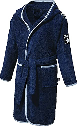Erwin Müller Kinder-Bademantel Polizei - saugstark, mit Kapuze und aufgesetzten Taschen - hellgrau-dunkelblau Größe 134/140