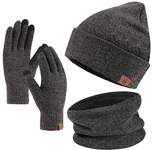 Winter Warm Mütze Loop Schal und Touchscreen Handschuhe Set für Herren und Damen, Wintermütze Strickmütze Beanie Schlauchschal Winterhandschuhe Strickhandschuhe mit Fleece Gefütterte, Midgrey