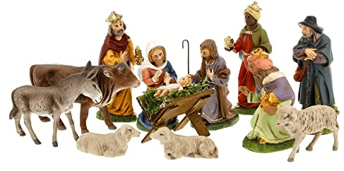 Marolin Krippenfiguren Set mit 12 Figuren mit Holzkrippe, 9cm Figuren