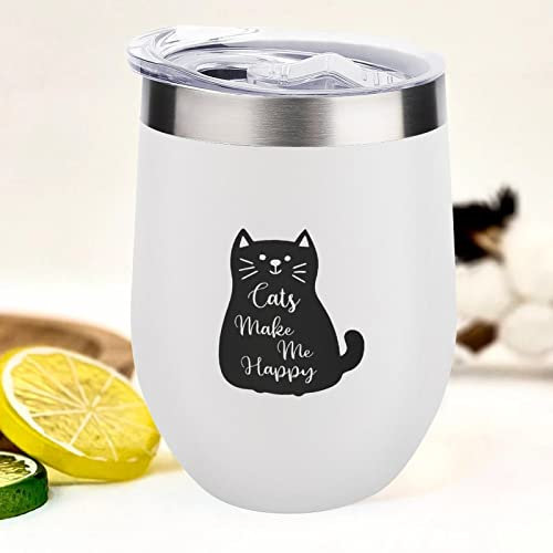 Cats Make Me Happy Wine Tumbler – Stainless Steel Insulated Cup for Wine, Coffee – Stemless Wine Glasses – Funny Travel Mug with Lid – 12 OZ