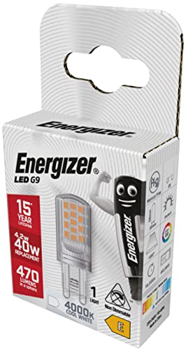 Energizer G9 LED Light Bulb. 4.2W (40w Halogen Equivalent) 220-240V. 470 Lumens. Bi-Pin Base Energy Saving. Cool White 4000k