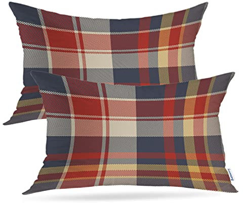 Batmerry Rot Blau Abstrakt Plaid Überwurf Kissenbezüge Tartan Plaids Traditionelle Beige Dekorative Kissenbezüge Digitaldruck Mischgewebe für Couch Sofa Bett Unsichtbarer Reißverschluss 30,5 x 50,8 cm