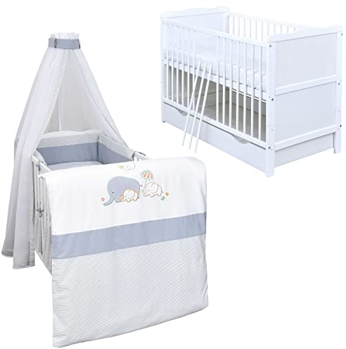 Generisch Baby Delux Babybett Komplett Set Kinderbett umbaubar zum Juniorbett 140x70 weiß Schublade Matratze Bettset mehrteilig (Elefant)
