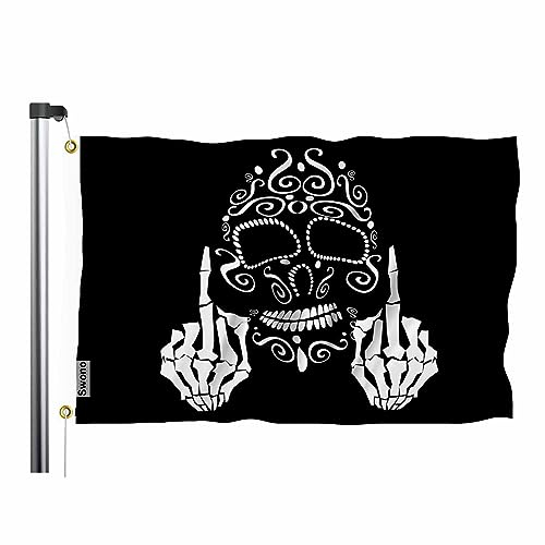 Swono Totenkopf-Flagge, Banner, Skelett, Mittelfinger, schwarze Flagge, 90 x 152 cm, große Flagge, für den Außenbereich, Innenbereich, Büro mit Messingösen
