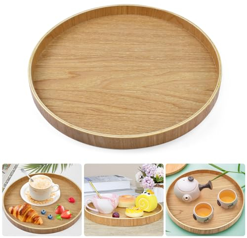 CAREDGO Plateau de Service Rond, Plateau en Bois 24 cm Plateau de Cuisine Assiettes Rondes en Bois Plateau de Serveur en Bois Vintage Assiette de Service en Bambou Antidérapante pour la Nourriture