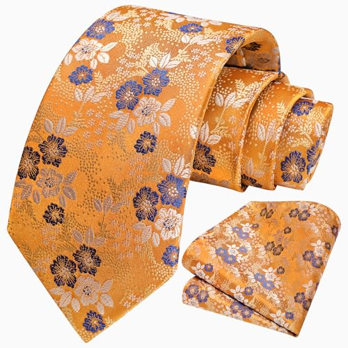 HISDERN Orangefarbene Krawatte mit Blumenmuster für Herren, Krawatten- und Einstecktuch-Set für Hochzeit, Party, Business, formelle Krawatten-Sets mit Geschenkbox