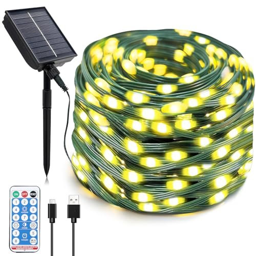 Axekooh Solar Lights Outdoor Garden,Solar String Lights 30M/100Ft 300 LED IP65 Waterproof 8 Modes,Solar Powered & USB Powered Garden Lights Green Cable for Patio Fence Trees Party(Warm White)