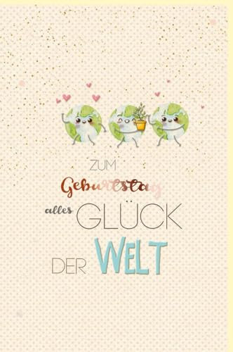 Geburtstagskarte Green Line: Weltkugel-Design auf Zuckerrohrpapier, Herzchen & Pflanzentopf-Motiv für Erwachsene und Jugendliche, Naturtöne Grün & Beige - mit Umschlag