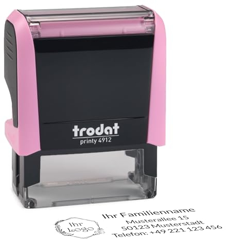 Trodat Personalisierter Stempel mit Logo und Text – Selbstfärbender Printy Pastell 4912 Rosa inklusive Grafik und Wunschtext, Abdruck 47 x 18 mm