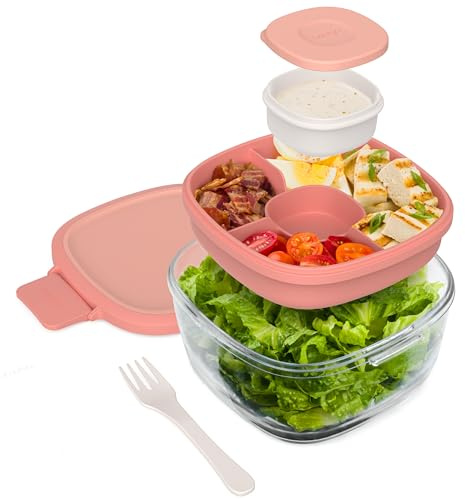 Bentgo Glass Salad Container - 7.6-Cup Salad Bowl with Airtight Lid, Leak-Proof Sauce Container, 4-Compartment Bento Tray & Reusable Fork - BPA-Free for Meal Prep, Office & More (Coral)