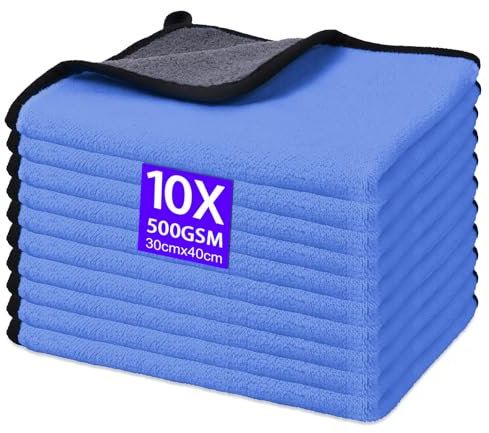 Gucass Set de 10 Bayetas Microfibra, Paños de Coche Secado Coche, Paños Microfibra Absorbentes y sin Pelusas, Paño Versátiles Trapos Limpieza, para Pulir Coches, Cocina (30x40CM, Azul)