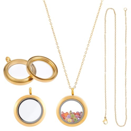 UNICRAFTALE Memory Medaillon Anhänger Goldfarben Flach Rund DIY Bild Foto Halskette Herstellungsset Halskette Mit Kristall Doppelseitiger Rahmen Glasbehälter Schwebende Charms Für Medaillons