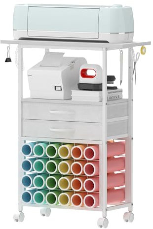 VENNQD Organizer and Storage Stand Compatible with Cricut Machines,Rolling Storage Cart/Shelf with 24 Vinyl Roll Holders，2 Fabric Drawer,Accessories Holder,Tool Hook for Craft Room Home (white)