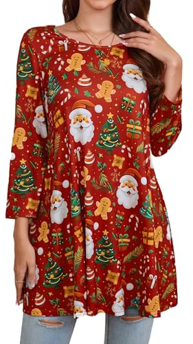 Enmain Women's Christmas Tunic Top 3/4 Sleeve Dark Red Tunics Tops for Women UK Plus Size Round Neck Ladies Longline Swing T-Shirt Casual Xmas Pattern Blouse T Shirts for Festive Holiday S