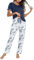 Litherday Ensemble de Pyjama Femme Coton Vêtements de Nuit à Manches Courtes + Bas de Pyjama à Carreaux Vêtement d'Intérieur Bleu Marine M