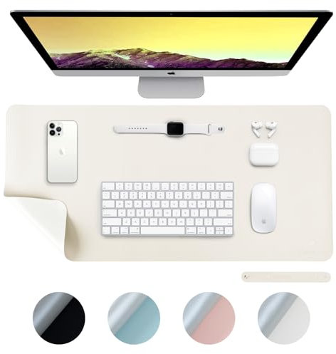 DesireTech Reversible Large Office Desk Mat - Dual-Sided Desk Mat, Waterproof Faux Leather Table Surface Protector Desk- Laptop Mat & Mouse Pad (Ivory/Silver, Large (43 x 89cm)