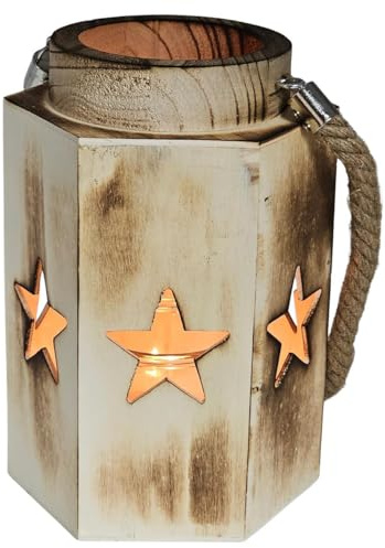 Bambelaa! Weihnachtliche Vintage Holzlaterne Windlicht mit Sternenmuster (ca. 14 x 16 x 23 cm)