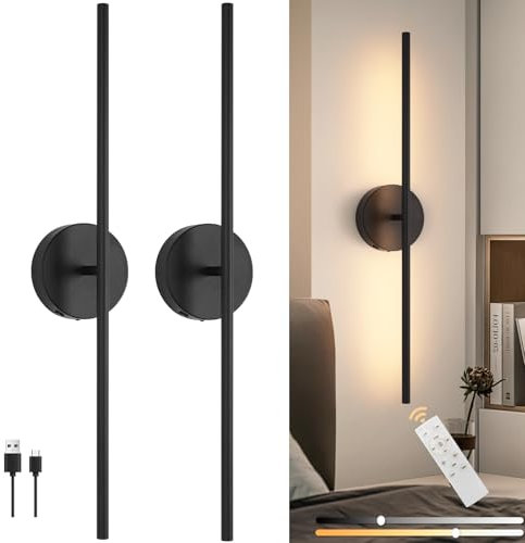 Akku Wandleuchte Innen,USB-C Wiederaufladbare LED Wandlampe mit Fernbedienung,Schwarz Dimmbar Touch Kabellose Wandleuchte Batterie 10000mAh,350° Drehbare für Wohnzimmer Schlafzimmer,70CM (2 Stück)