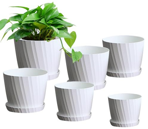 ICDLTJ Plant Pots, 6 Pack 3.5/4.5/5.5/6/6.5/7 inch Plastic Plant Pots with Drainage Hole and Tray Saucer Flower Pots for Indoor Outdoor Plant