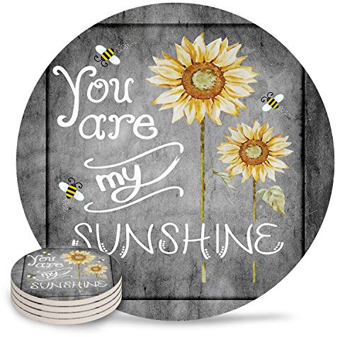 Vibiliyou YOU ARE MY SUNSHINE Sunflower Bee Ceramic Coasters for Drinks,4-Piece Set ,YOU ARE MY SUNSHINE Sunflower Bee,Marble Pretty Absorbent Round Ceramics Cork Backed Cup Mat Housewarming Gift
