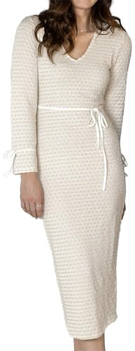 Enorsia Womens Textured Stretch Jersey Long Sleeve Midi Dress with Deep V-Neck, Slim Fit, Ruffled Cuffs and Front Tie Belt (Cream, 18)