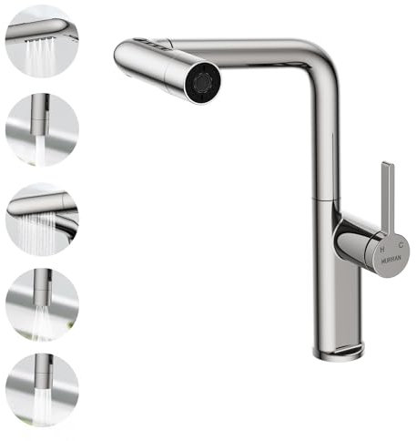 Wasserhahn Küche mit Ausziehbrause, HURRAN Küchenarmatur mit 5 Auslaufmodi, 360° Schwenkbarer Einhebelmischer, Chrom