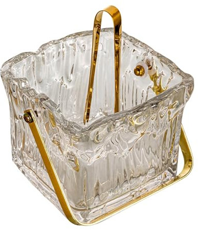 Creative Co-Op, Clear/Gold 24-Ounce Textured Glass Ice Bucket with Handle and Tongs, 4.75” H