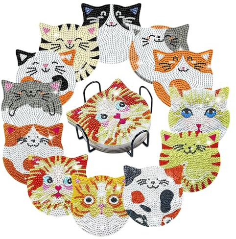 Mulaibdin 12 Stück Diamond Painting Untersetzer, Glasuntersetzer mit Halter, Tassen Untersetzer Katze, DIY Diamond Coasters Set, Getränkeuntersetzer Rund für Erwachsene,Kinder Anfänger