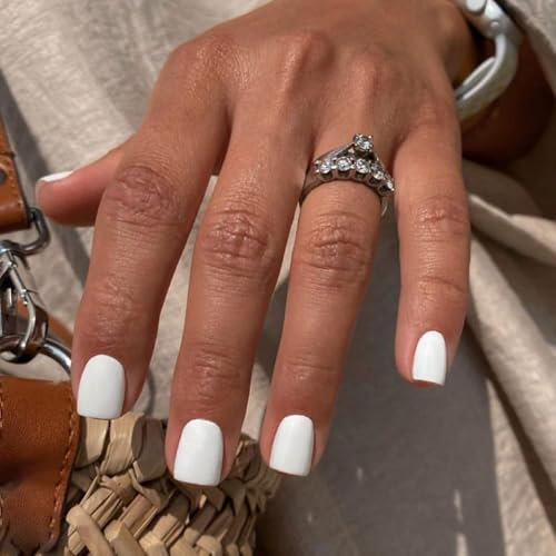 24PCS Short Press on Nails - Square French Tip False Nails Pure White Color - Acrylic Full Cover Fake Fingernail - Natural Artificial Stick on Nails in 12 Sizes for Women and Girls Nail Art Manicure