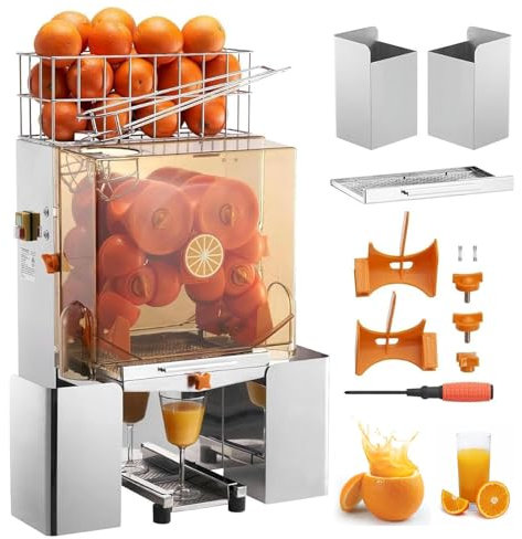 QYLTTDM Commercial Juicer Machine, 120W Automatic Juice Extractor, 220V/110V Juice Extractor Stainless Steel Squeezer, with Pull-Out Filter Box, 2 Peel Collecting Buckets, for 20 Oranges Per Minute